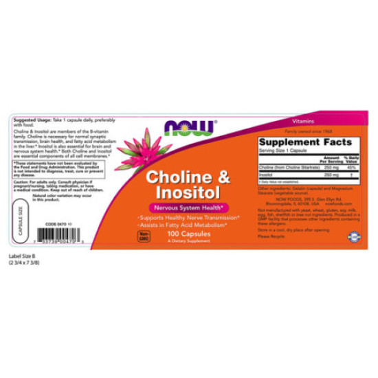 Now Foods Choline & Inositol 500mg 100 Capsules