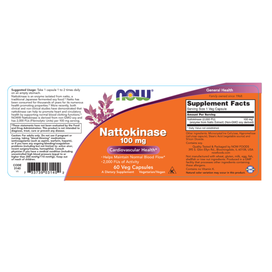 Now Foods Nattokinase 100mg 2000 FUs 60 Capsules