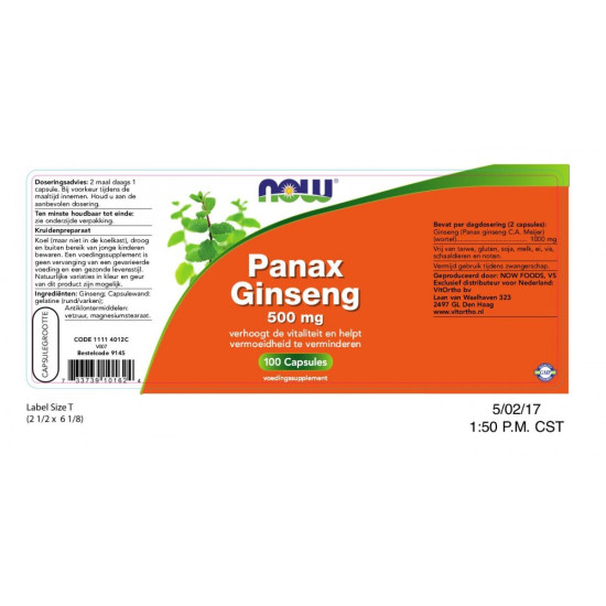 Now Foods Panax Ginseng 500mg 100 Capsules