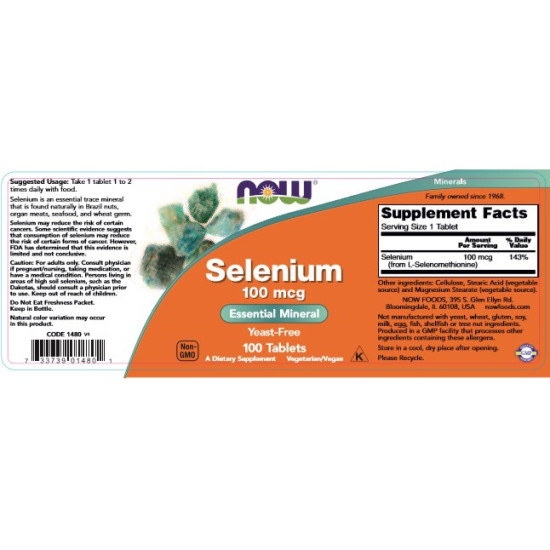 Now Foods Selenium 100mcg 100 Tablets