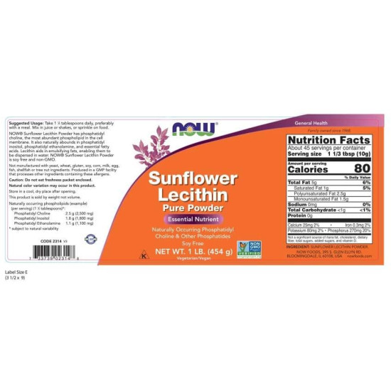 Now Foods Sunflower Lecithin Powder 454g