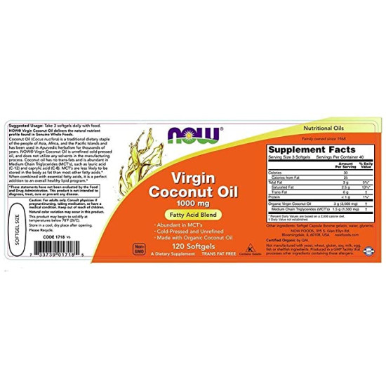 Now Foods Virgin Coconut Oil 1000mg 120 Softgels