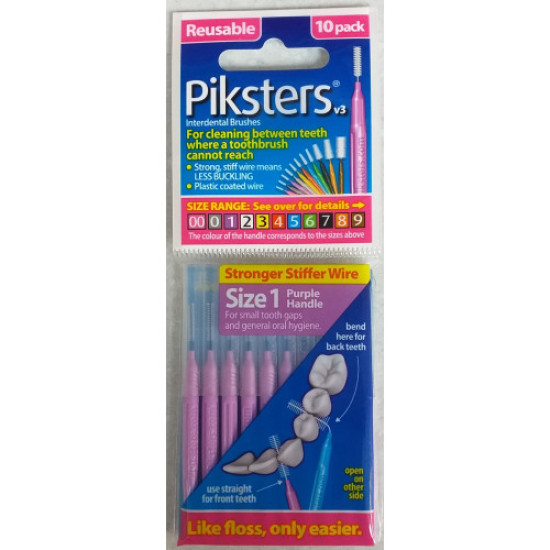 Piksters Interdental Toothbrushes - Size 1 Purple (10 brushes per pack)