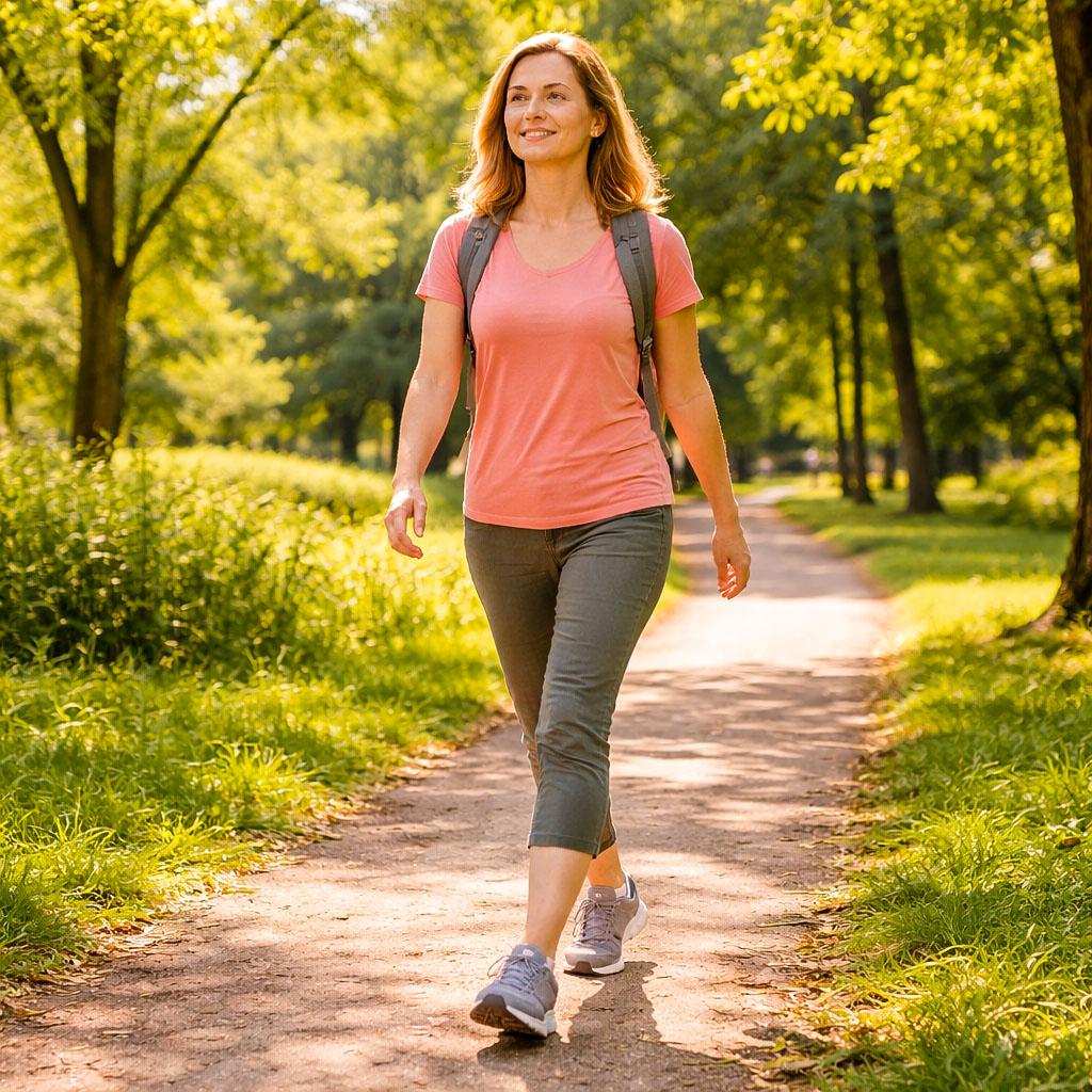 Woman enjoying a walk on a leafy park path